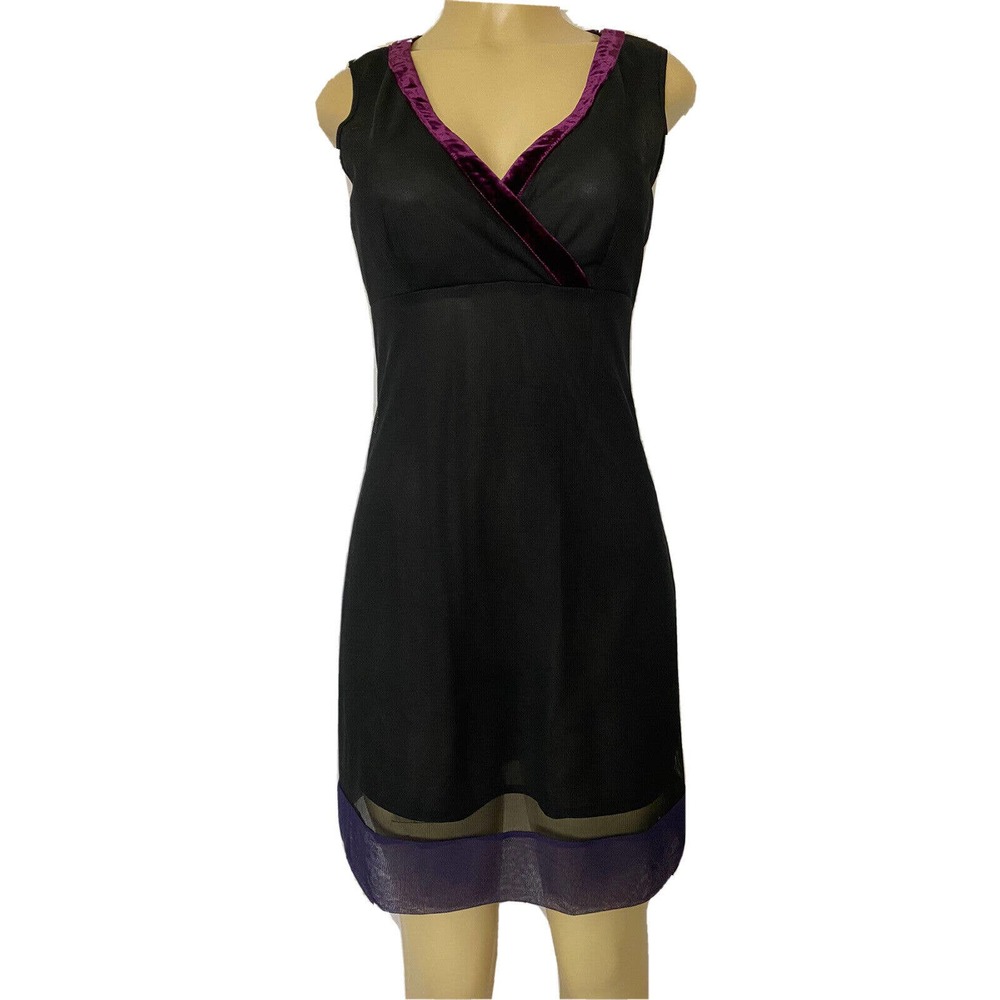 Philosophy Di Alberta Ferretti Dress Black Sheer Purple Velvet Trim V Ne…